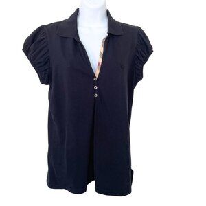 Burberry Brit Polo Shirt Black Women's Size XL Nova Check Trim Puff Sleeves